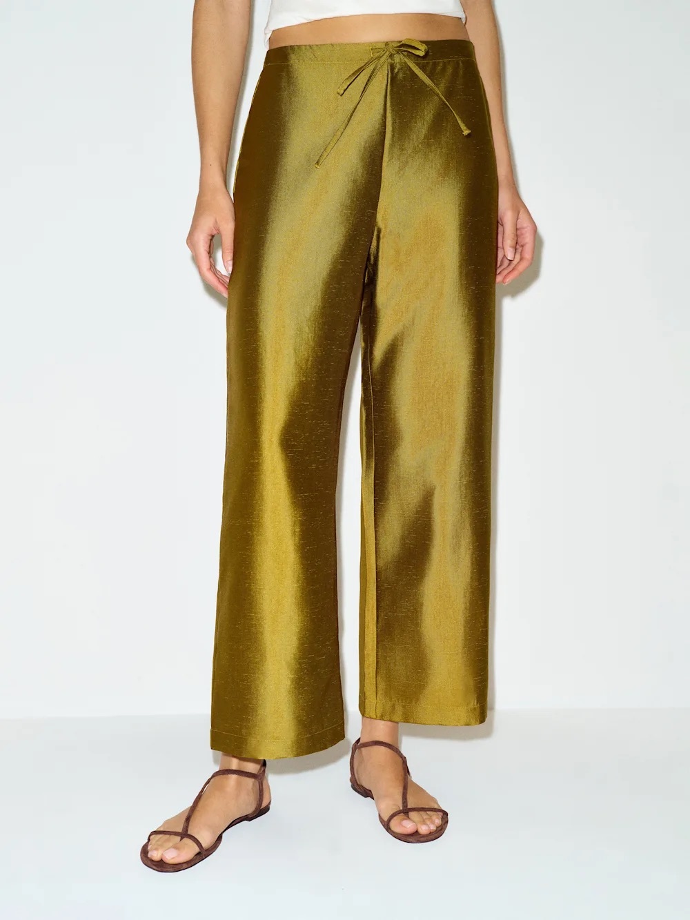 NWT Reformation Olina Pant Wide-Leg Satin Chartreuse